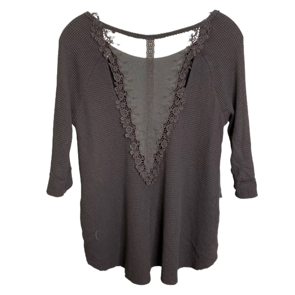 Free People Charcoal Gray Waffle Knit Lace Back High‎ Low Thermal Top Womens S - Picture 2 of 7